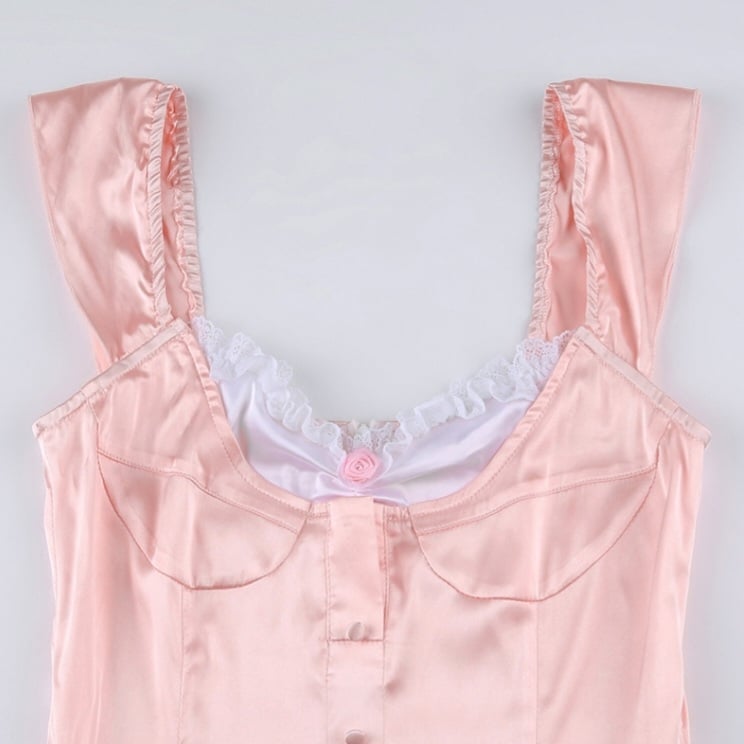 Pink Lace Trim Button Up A-Line Dress