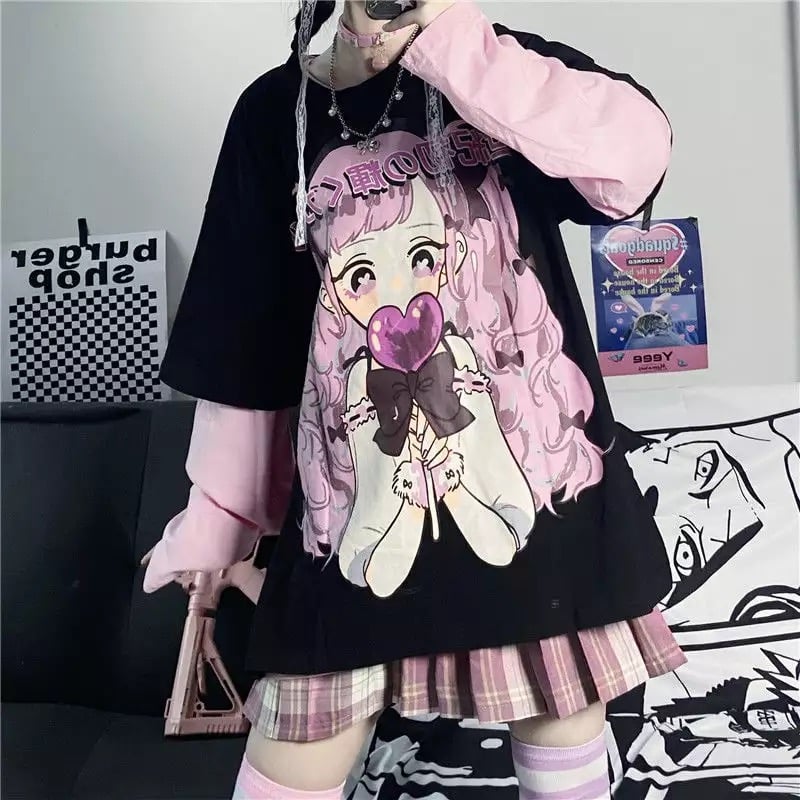 Cute Aesthetic Black Anime Girl Cartoon Print Short Sleeve Shirt Oversized Loose T-shirt Top Goth E-Girl Kawaii Korean Japanese Harajuku Streetwear