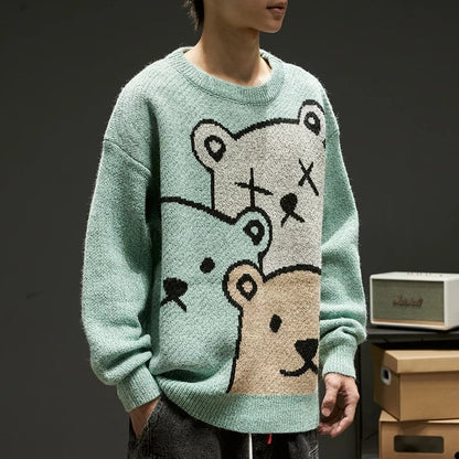 Cute Cartoon Bear Oversized Sweater Long Sleeve Knit Pullover Winter Aesthetic Casual E-Girl Kawaii Korean Japanese Harajuku