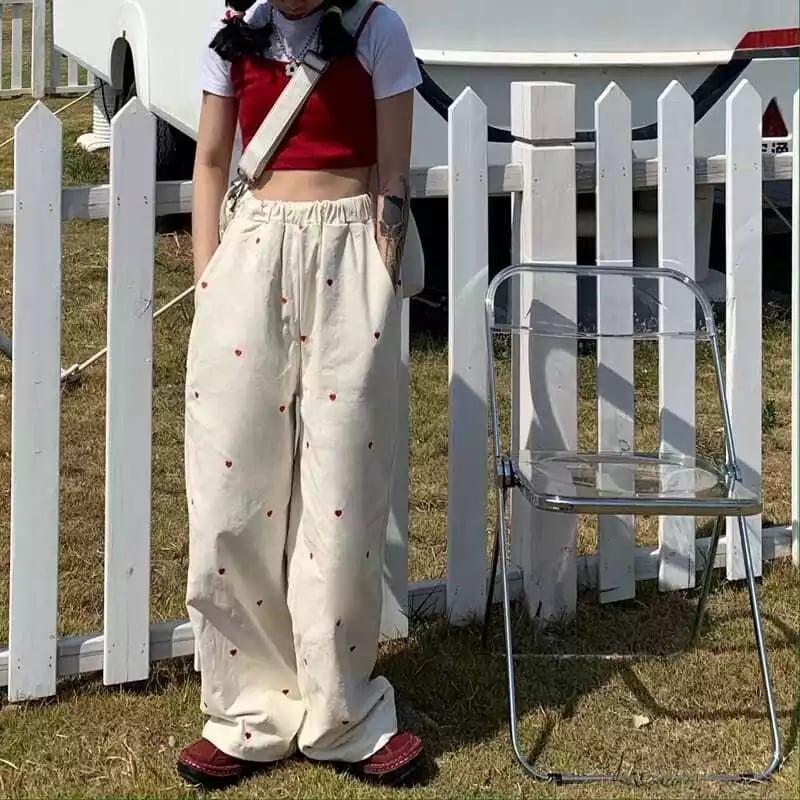 Cute Beige Love Hearts Wide Leg Pants Trouser Bottoms Aesthetic Casual Summer E-Girl Kawaii Korean Japanese Harajuku