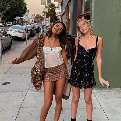 Cute Sweet Flower Mesh Embroidery V-neck Sling A-line Mini Dress Summer Aesthetic Casual E-Girl Kawaii Korean Japanese Harajuku