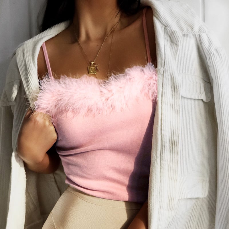 Cute Sexy Pink Lace Up Fluffy Fur Crop Top Camisole Tank Spaghetti T-shirt Tee Shirt E-Girl Kawaii Korean Japanese Harajuku Retro Streetwear Fashion