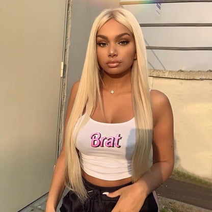 White Brat Letter Print Graphic Casual Summer Crop Top Tank Camisole T-shirt Tee E-Girl Kawaii Korean Japanese Harajuku Retro Streetwear Fashion