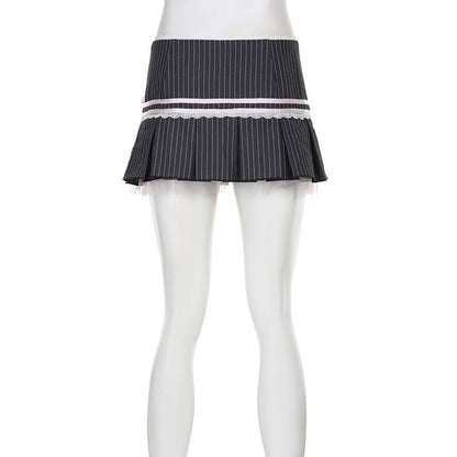 Pink Bow Stripe Fold Lace Up High Waist Skirt