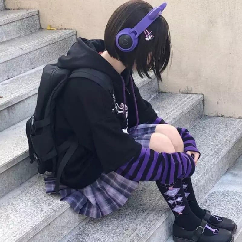 Anime Girl Cartoon Casual Stripe Loose Oversized Hoodie Sweater Sweatshirt Long Sleeve Pullover E-Girl Kawaii Korean Japanese Harajuku Streetwear