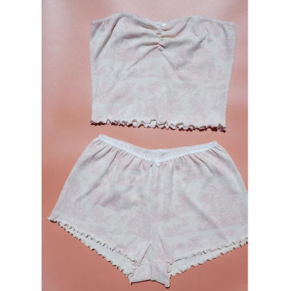 2PCS Pink Floral Print Frill Strapless Top + Shorts Set