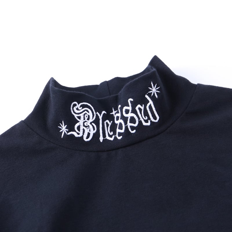Black Rebel Letter Embroidery Turtleneck Crop Top Long Sleeve Shirt T-shirt Top Goth Punk Casual E-Girl Kawaii Korean Japanese Harajuku Streetwear