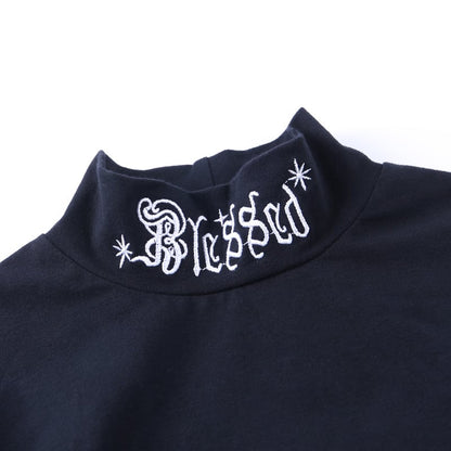 Black Rebel Letter Embroidery Turtleneck Crop Top Long Sleeve Shirt T-shirt Top Goth Punk Casual E-Girl Kawaii Korean Japanese Harajuku Streetwear