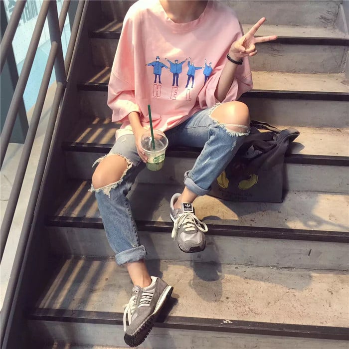 Cute People Kpop Letter Print Graphic Casual Oversized Short Sleeve Tee Shirt T-shirt Top E-Girl Kawaii Korean Japanese Harajuku Streetwear