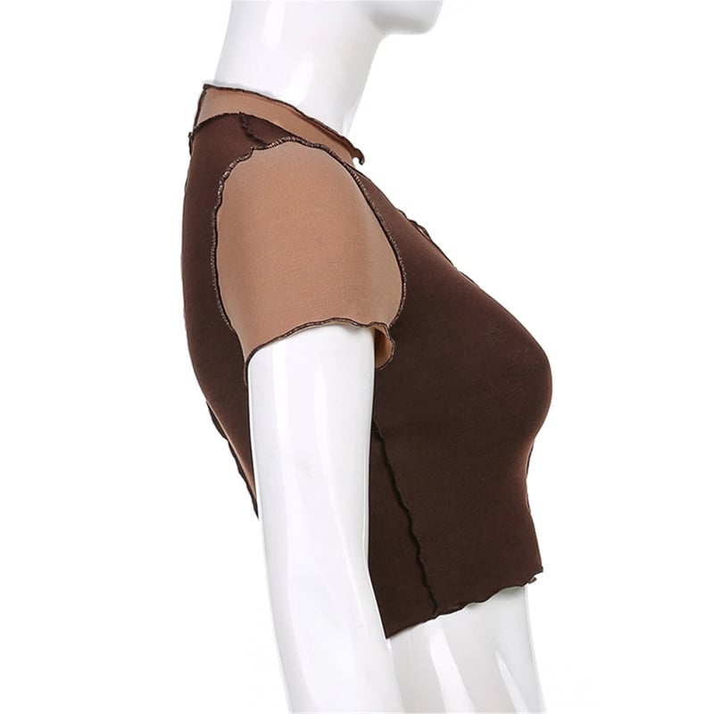 Brown Patchwork Trim Hollow Short Sleeve T-shirt