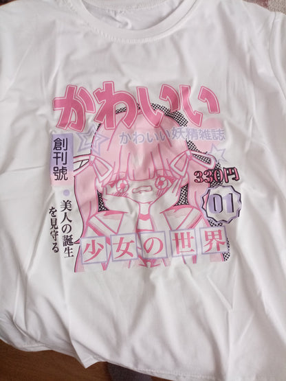 Pink 2D Anime Girl Print Short Sleeve T-shirt