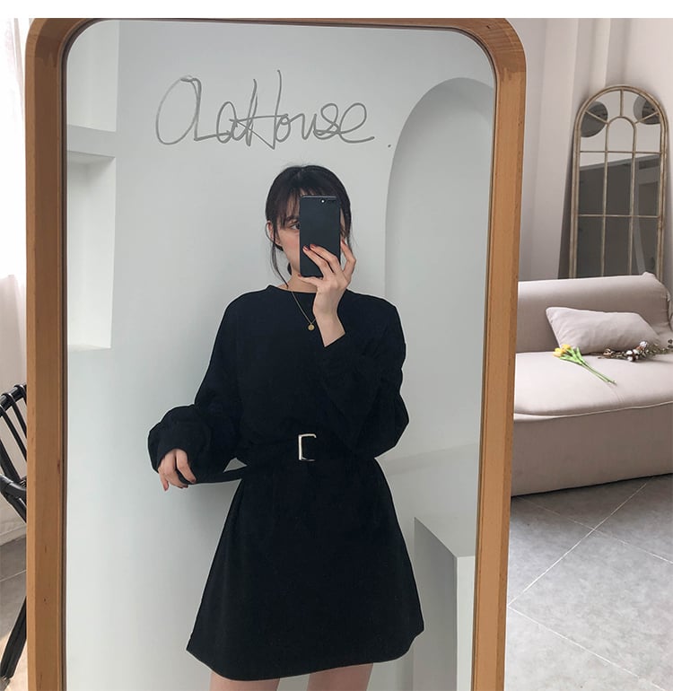 Cute Solid Color Long Sleeve T-shirt Shirt Dress With Belt Loose Oversized Woman Spring Autumn E-Girl Kawaii Korean Japanese Harajuku Retro Streetwear