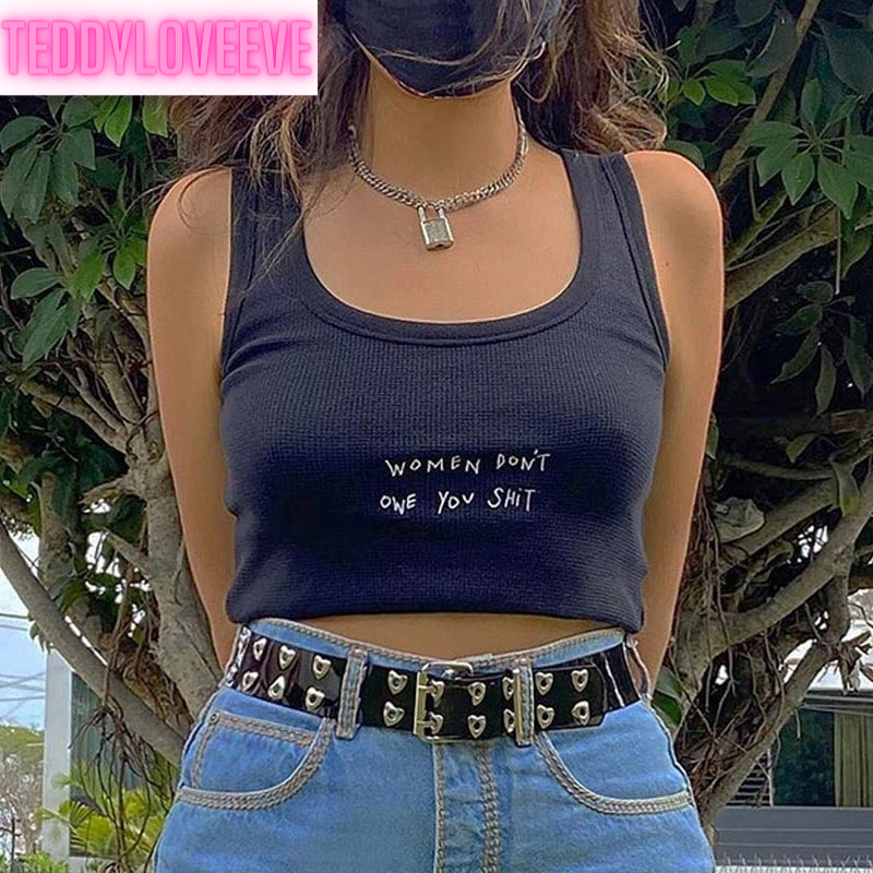 Cute Knit Indie Letter Embroidery Black White Tank Top Crop Top Sleeveless Shirt Goth Punk Casual E-Girl Kawaii Korean Japanese Harajuku Streetwear