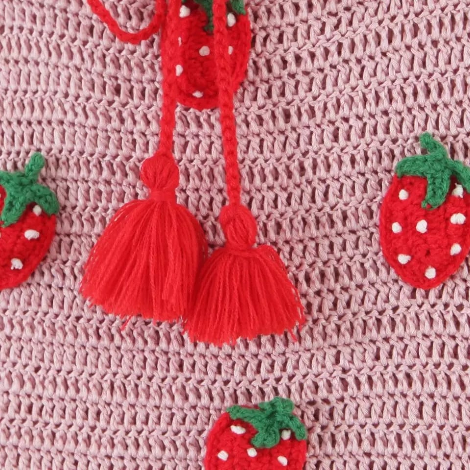 Pink Strawberry Crochet Knit Top + Sash Beach Mini Skirt