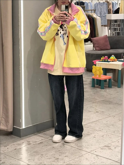 Yellow Y2K Star Embroidery Zip Up Jacket