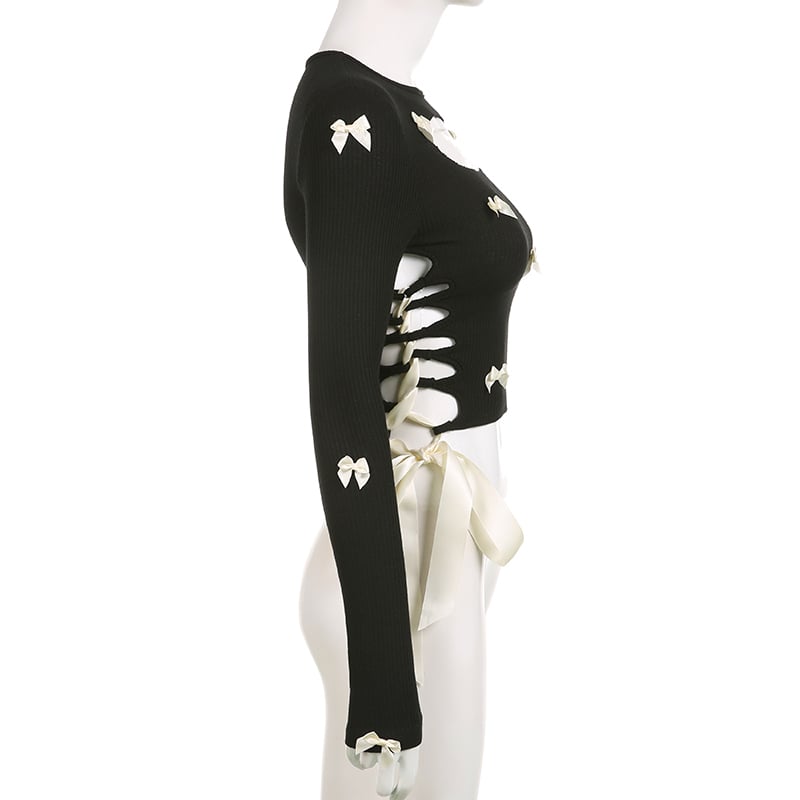 Black Bow Ribbon Hollow Out Knit Long Sleeve Shirt