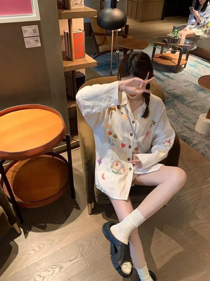 Sweet Embroidery Stripe Long Sleeve Blouse