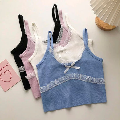 Patchwork Lace Bow Knit Camisole Crop Top