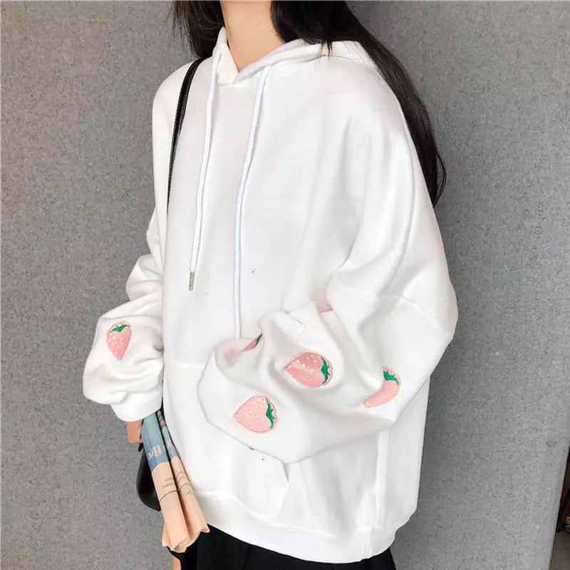 Cute Pastel Purple Strawberry Embroidery Patch Oversized Hoodie Sweater Sweatshirt Pullover Winter E-Girl Kawaii Korean Japanese Harajuku Streetwear