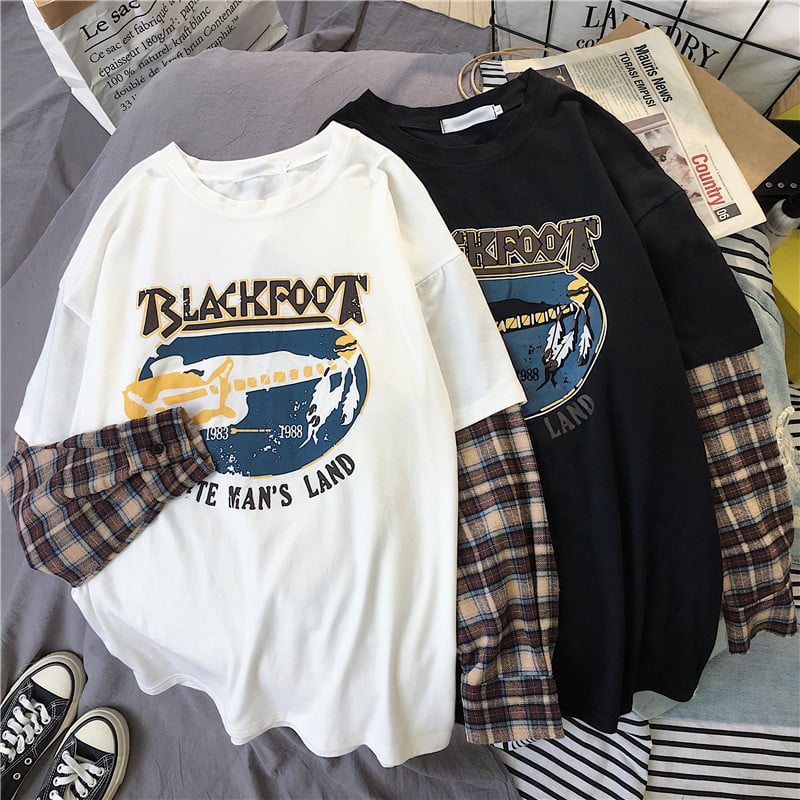 Black White Plaid Patchwork Print Loose Casual Sweatshirt Sweater Long Sleeve Shirt Pullover Jumper E-Girl Kawaii Korean Japanese Harajuku Streetwear