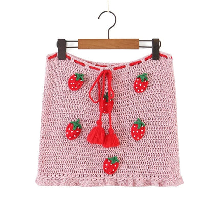 Pink Strawberry Crochet Knit Top + Sash Beach Mini Skirt