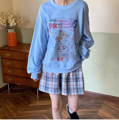 White Vintage Anime Girl Cartoon Print Graphic Long Sleeve Sweatshirt Sweater Pullover Jumper Causal E-Girl Kawaii Korean Japanese Harajuku Streetwear