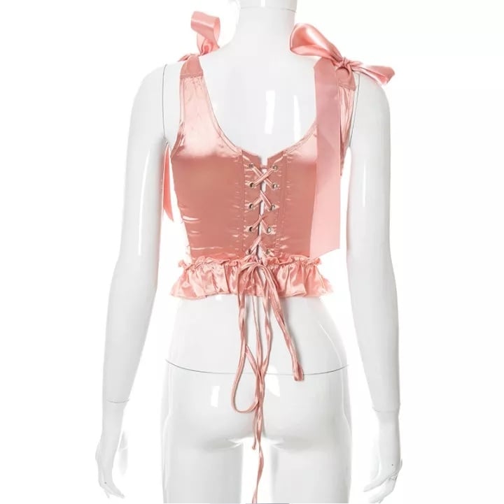 Cute Lace Ribbon Bow Tie Solid Square Collar Patchwork Sleeveless Corset Top Summer Aesthetic Casual E-Girl Kawaii Korean Japanese Harajuku