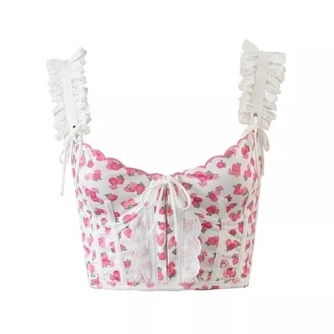 Pink Flower Print Ruffle Bustier Crop Top