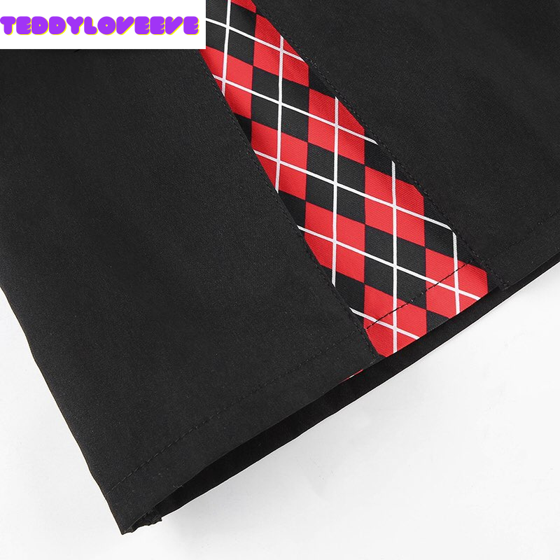 Cute Sexy Plaid Patchwork Safety Pins Black A-Line Mini High Waisted Skirt Goth Punk Club E-Girl Kawaii Korean Japanese Harajuku Streetwear