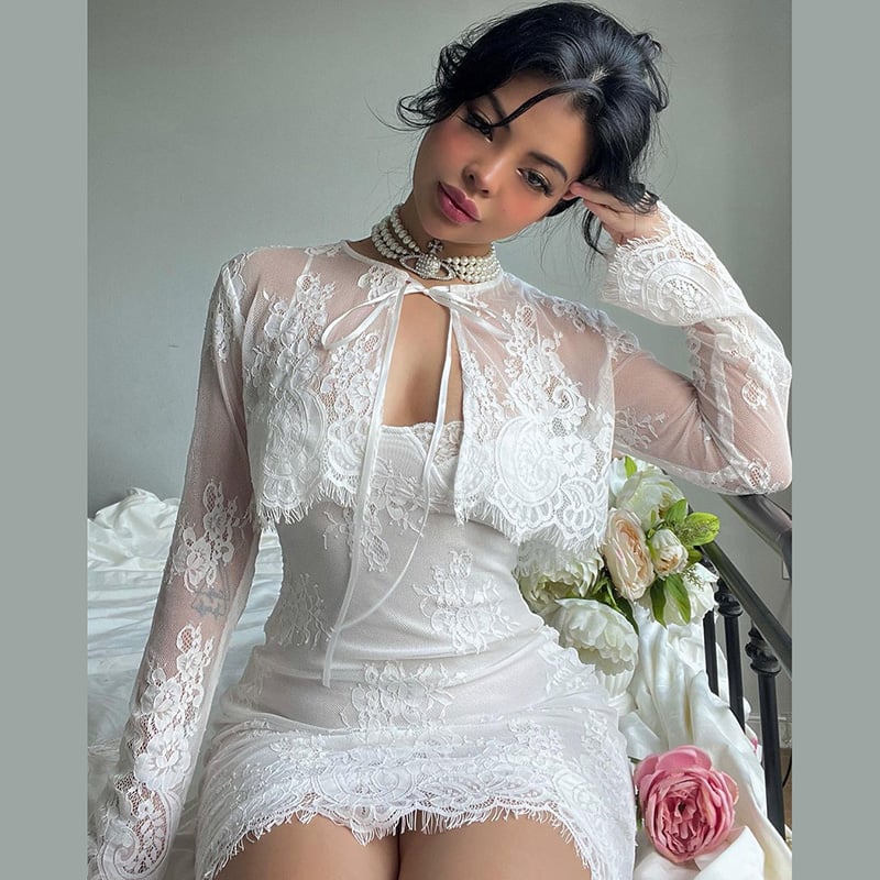 2PCS Lace Trim Bodycon Dress + Cardigan