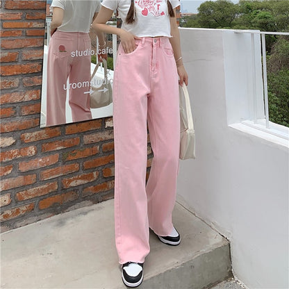 Pink Peach Embroidery Denim Pants