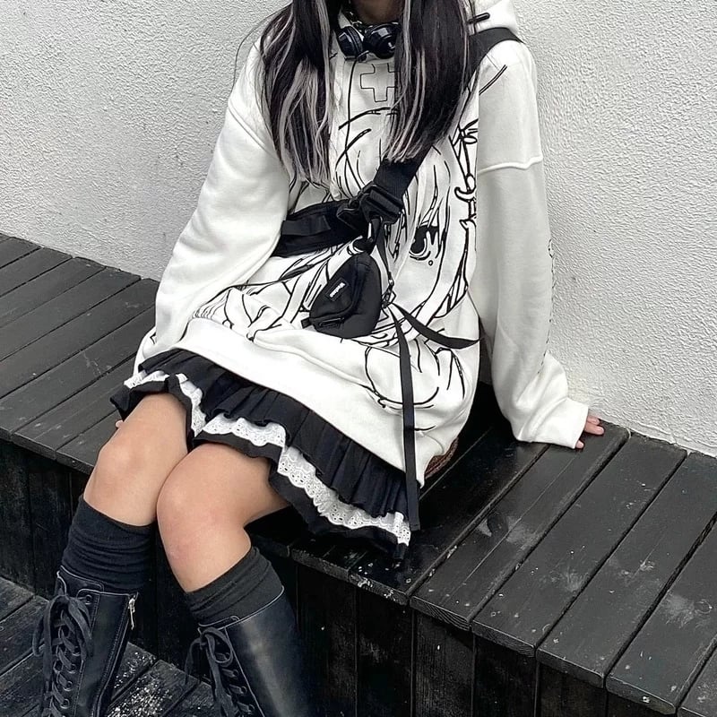 Cute Black Goth Anime Hoodie Grunge Loose Long Sleeve Shirt Aesthetic Casual E-Girl Kawaii Korean Japanese Harajuku