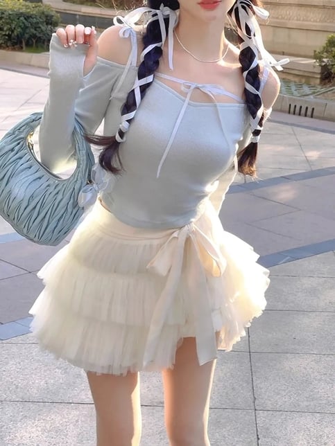 Sweet Bow Off Shoulder Long Sleeve Blouse