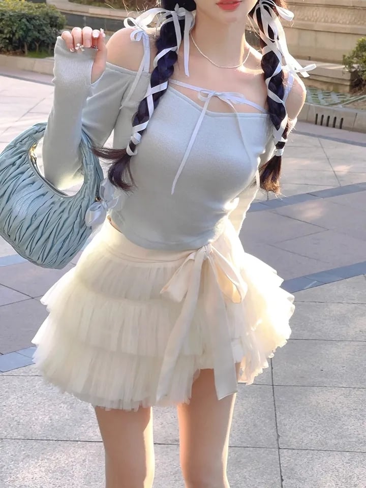 Sweet Bow Off Shoulder Long Sleeve Blouse