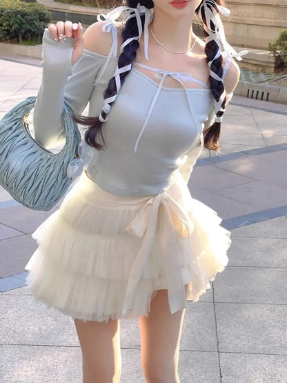 Sweet Bow Off Shoulder Long Sleeve Blouse