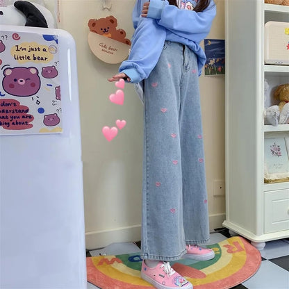 Pink Heart Embroidery Denim Jeans
