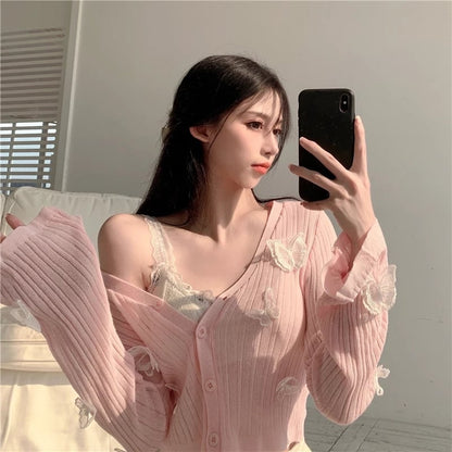 Cute Sweet Butterfly Knit Cardigan V Neck Crop Top Thin Long Sleeve T-shirt Vintage Aesthetic Casual Summer E-Girl Kawaii Korean Japanese Harajuku