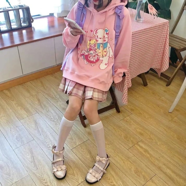 Cute Pastel Anime Girl Teddy Bear Cartoon Graphic Print Oversized Fleece Hoodie Sweatshirt Aesthetic Casual E-Girl Kawaii Korean Japanese Harajuku