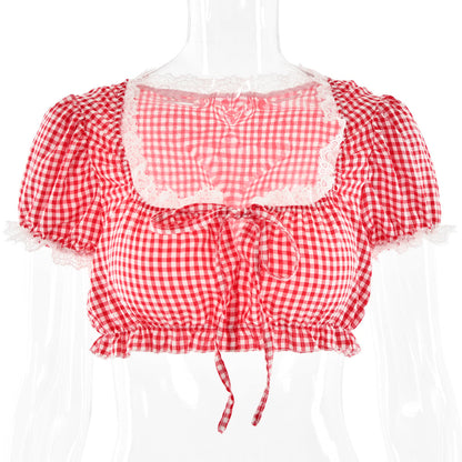 Red & White Plaid Lace Square Neck Top