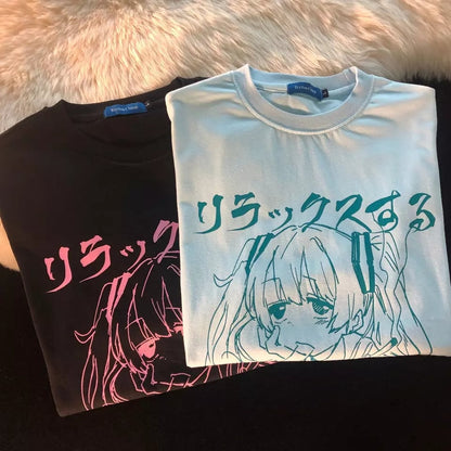 Cute Sad Anime Girl Cartoon Print Short Sleeve T-shirt Loose Punk Goth Aesthetic Casual Summer E-Girl Kawaii Korean Japanese Harajuku