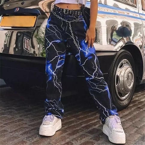 Cute Retro Vintage 90s Funky Lightning High Waisted Cargo Trousers Pants Colorful Print Aesthetic E-Girl Kawaii Korean Japanese Harajuku Streetwear