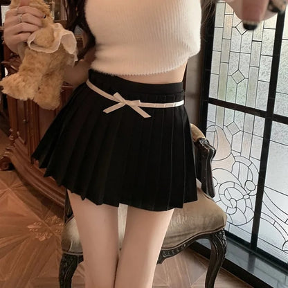 Preppy Pleated Bow Patchwork Mini Skirt