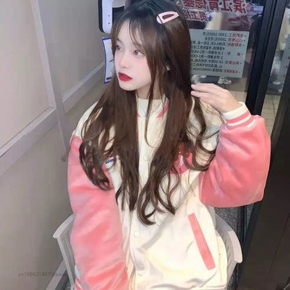 Pink Japanese Anime Cat Embroidery Patchwork Varsity Baseball Jacket