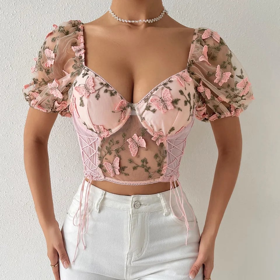 Butterfly Embroidery Puff Short Sleeve Top