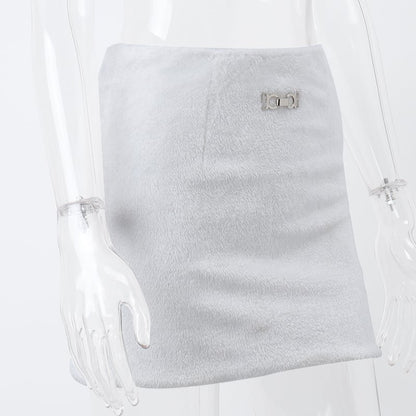 White Fluffy Metal Pendant Mini Skirt