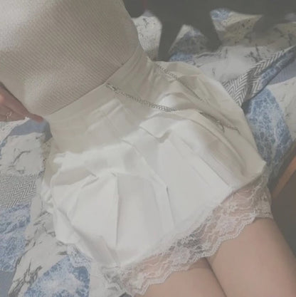 Cute White Black Chain Lace High Waist A-line Pleated Skirt Summer Aesthetic Casual E-Girl Kawaii Korean Japanese Harajuku