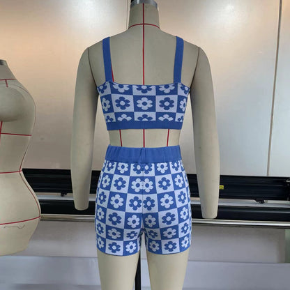Blue Flower Checkboard Tank Top + Shorts