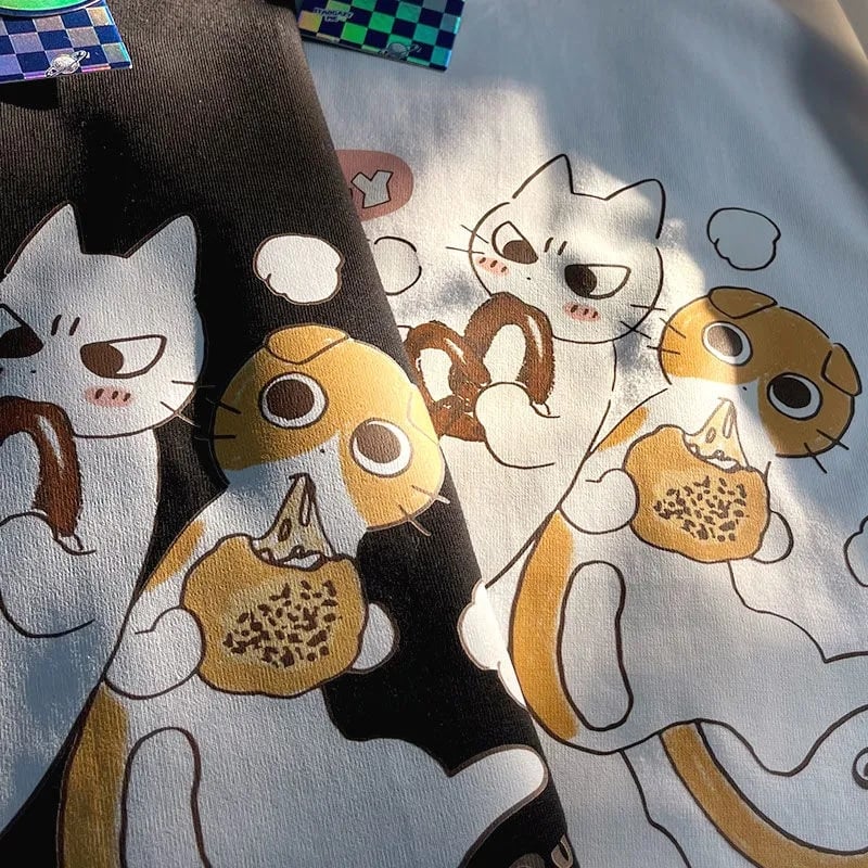 Cat Cartoon Print Short Sleeve T-shirt