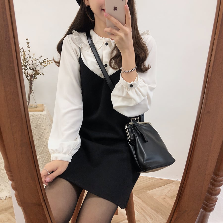 Cute 2pcs Summer Preppy White Ruffle Peterpam Collar Black Vintage V Dress E-Girl Kawaii Korean Japanese Harajuku Retro Streetwear
