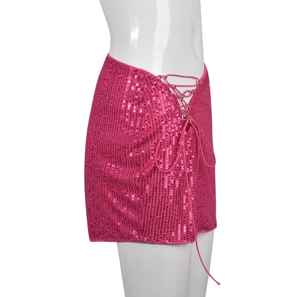 Pink Sequin Lace Up Mini Skirt
